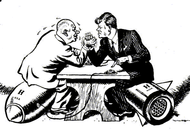 The comic depicts the fight between the US President and the Leader of Russia as they struggle to best each other with the number and types of arms they have.